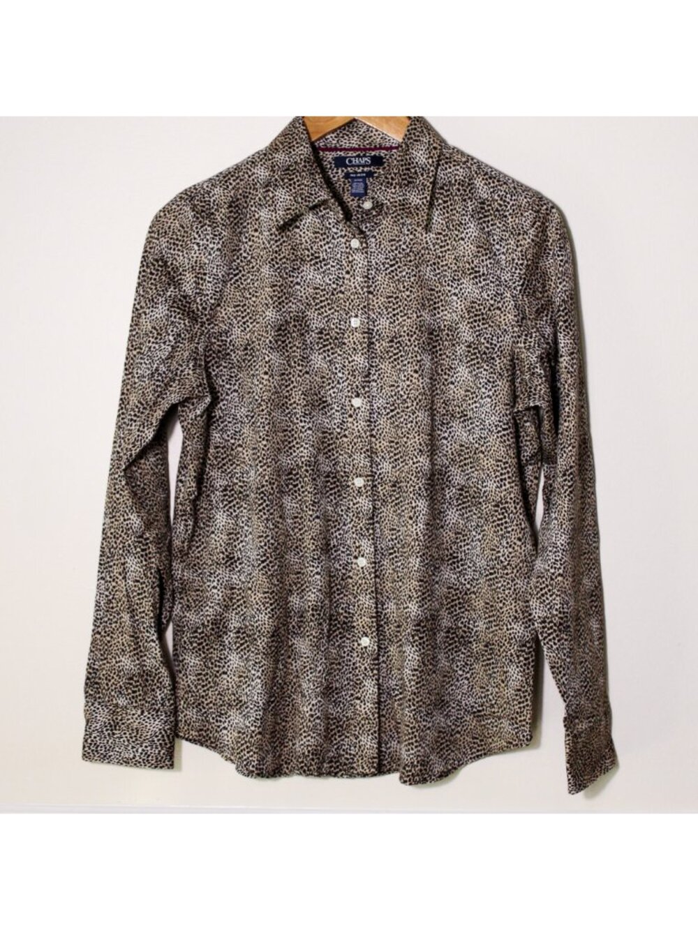 Chaps Womens No Iron Button Up Shirt Cheetah Animal Print Tan Black Office M